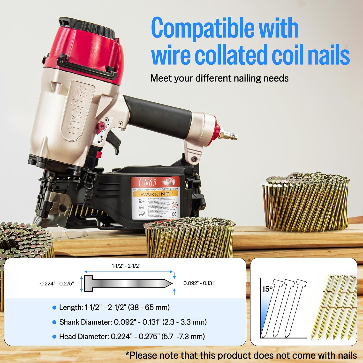 meite CN65 Pneumatic Coil Nailer with 15 Degree Siding Nails 2' × .099'' - Air Coil Nail Gun with 300PCS Magazine, 360° Adjustable Exhaust for Framing Sheathing Pallets Hardwood Projects