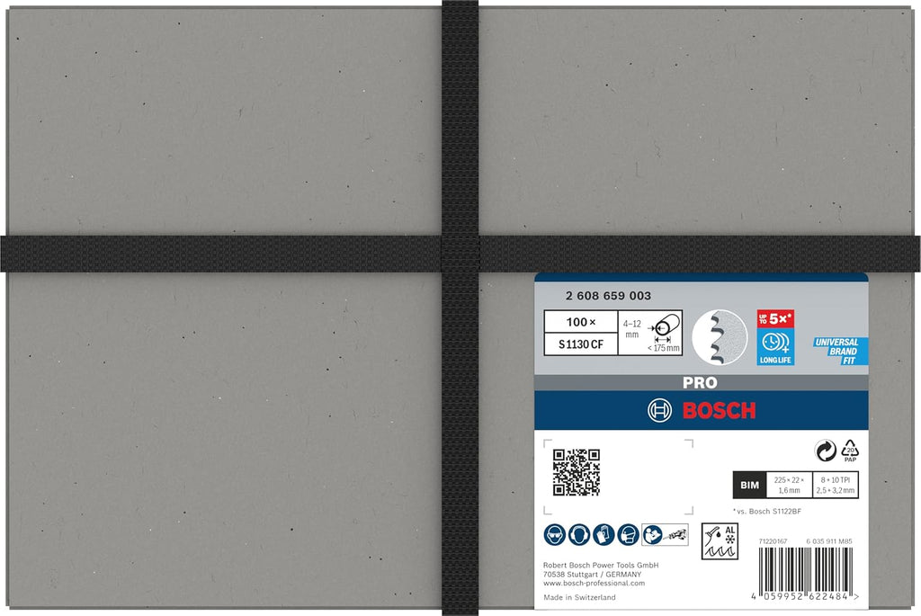 Bosch 100x PRO Thick Metal S1130CF Demolition Reciprocating Saw Blade (for Metal Pipes and Profiles, Non-Ferrous Metals, Length 225 mm, Professional Accessory Reciprocating Saw)