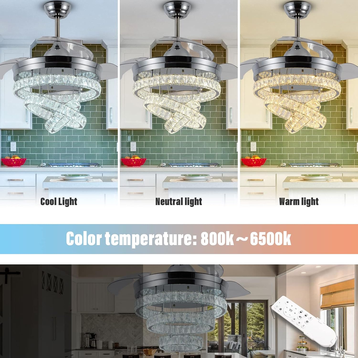 42' Dimmable Fandeliers Modern Crystal Ceiling Fan with Lights LED Invisible Fandelier Crystal Chandelier Fan 3 LED Color Change with Memory Function