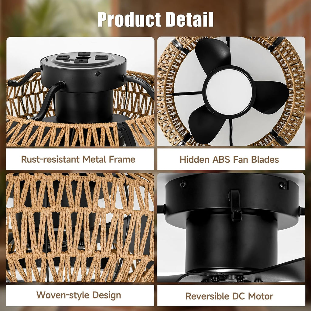 ocioc 20' Caged Ceiling Fans with Lights and Remote,Fandelier Ceiling Fan with Light,Flush Mount Low Profile,Bladeless,Quiet Reversible DC Motor,Boho Rattan Ceiling Fan for Bedroom