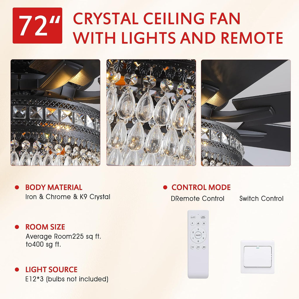 GJeg Crystal Ceiling Fan Fandelier with Lights - Outdoor Ceiling Fans with Remote Control, Farmhouse Ceiling Fan with Noiseless DC Reversible Motor,Dining Room,Living Room(72' Black)