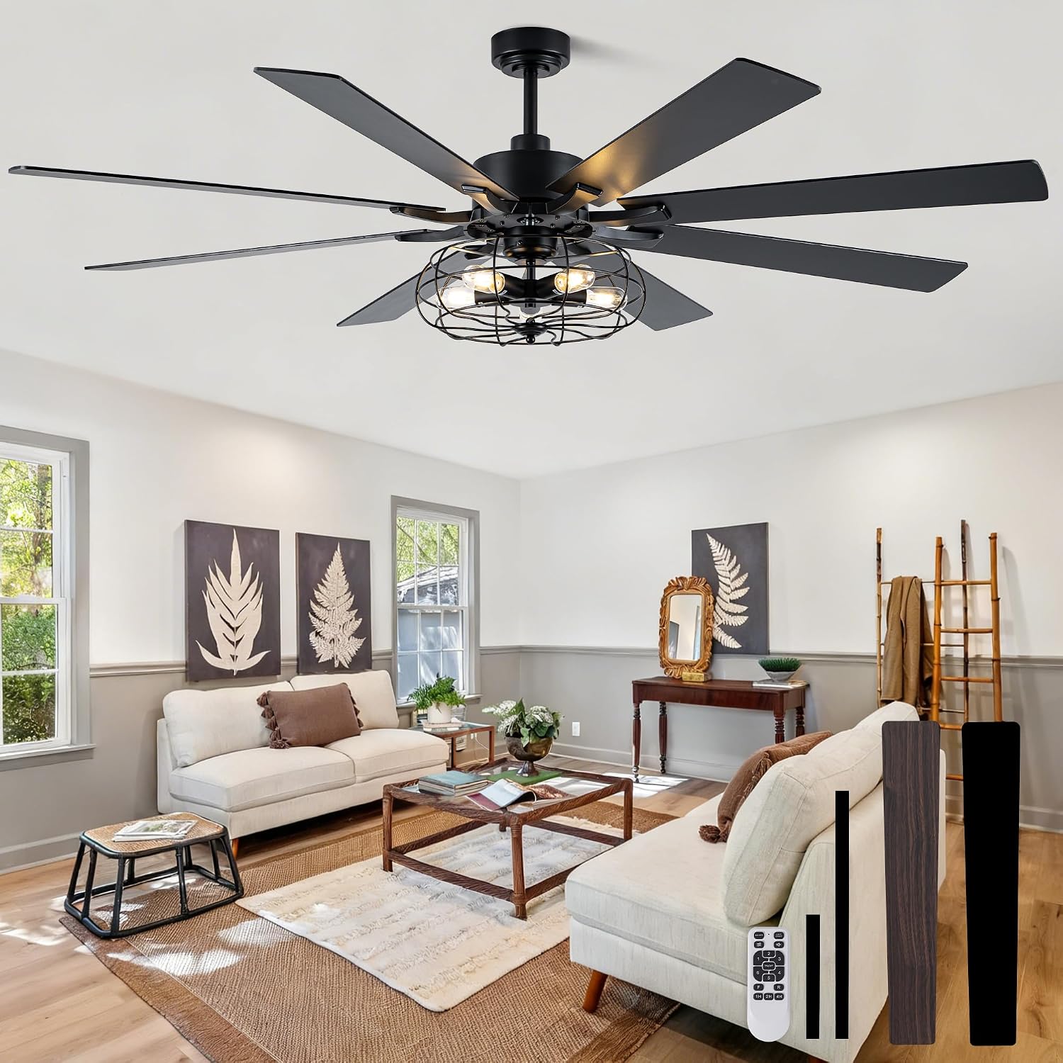 Bella Depot 72 Inch Large Farmhouse Ceiling Fan Industrial Big Chandelier Ceiling Fan with Light, 6-Speed, Reversible, Timing Option - Ideal for Bedroom, Living Room, Covered Patio