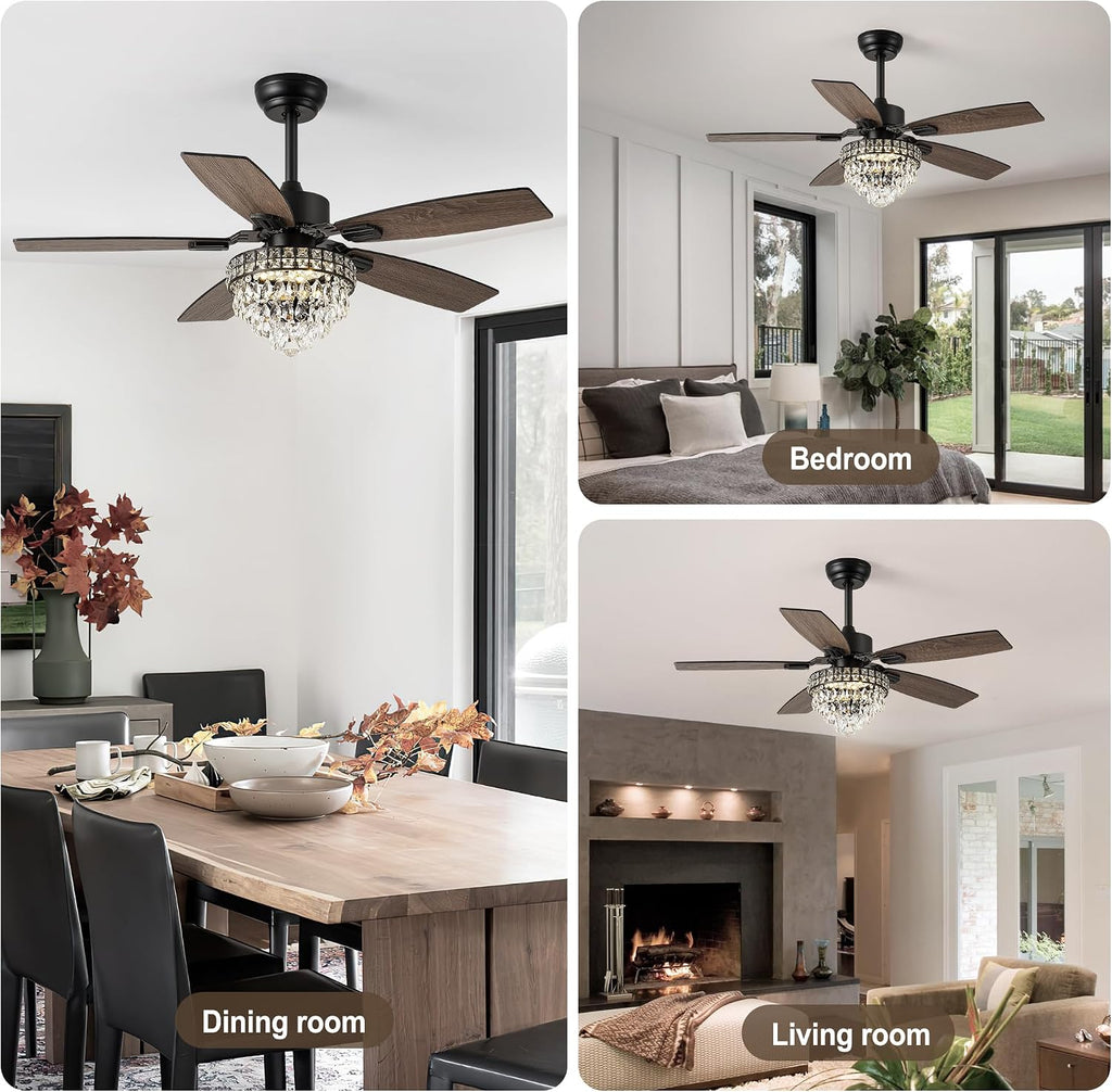 Chandelier Ceiling Fans with Lights and Remote,42in Chandelier Fan Ceiling,Crystal Ceiling Fan Fandelier with Lights,6 Speed 3 Timer Quiet Ceiling Fan for Bedroom (Black, 52 Inch)