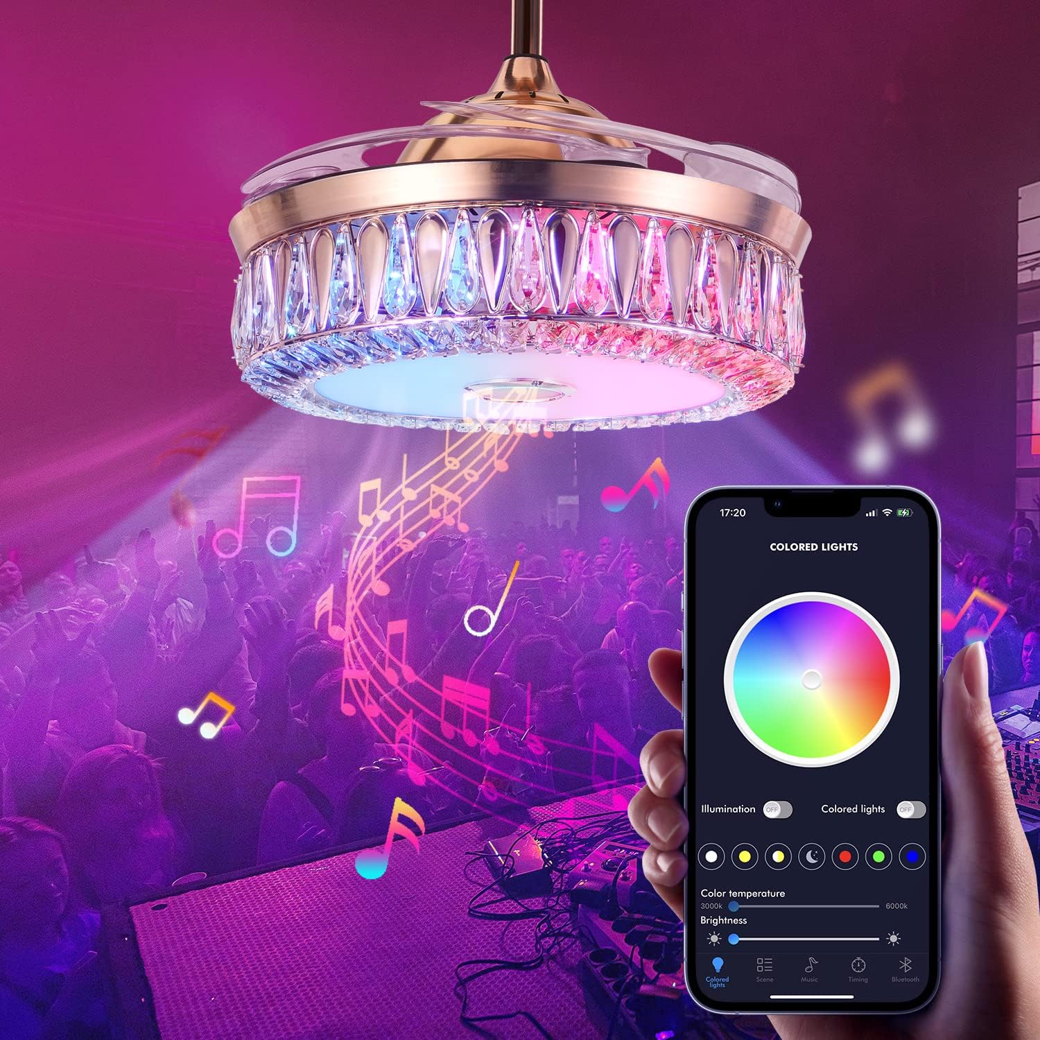 A Million 42' Gold Smart Ceiling Fan with Light and Bluetooth Speaker, Crystal Chandelier Fan with Retractable Blade 3 Speed and RGB Color Change APP and Remote Control