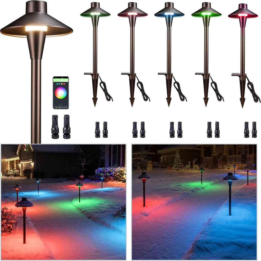Chrisrmas Smart Outdoor Path Light RGBCW, 12V App Control Landscape Pathway Lights LED, Low Voltage Pathlight IP65 Waterproof Wired, Hat Aluminum ORB for Backyard Holiday Decor (6 Pack)