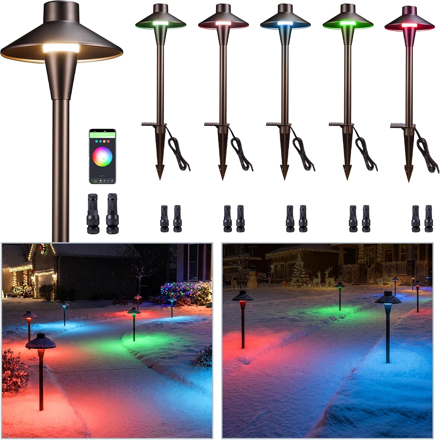 Chrisrmas Smart Outdoor Path Light RGBCW, 12V App Control Landscape Pathway Lights LED, Low Voltage Pathlight IP65 Waterproof Wired, Hat Aluminum ORB for Backyard Holiday Decor (6 Pack)