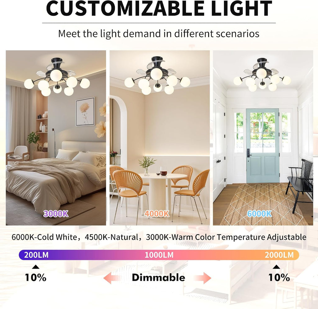 8-Light Bubble Fandelier, Black and White Glass Globe, 34 Inches | Sputnik Design, 3 Retractable Hidden Blades, 6 Speeds Reversible Motor, Remote & Timer, Ceiling Fan with Light