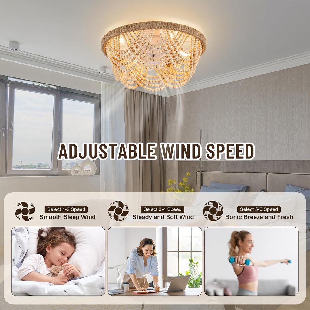 20'' Boho Ceiling Fan with Light and Remote, Wood Beads Flush Mount Ceiling Fans with 6 Speeds, Bohemian Caged Fandelier Chandelier Fan for Nursery Bedroom Living Room Hallway Patio Kitchen