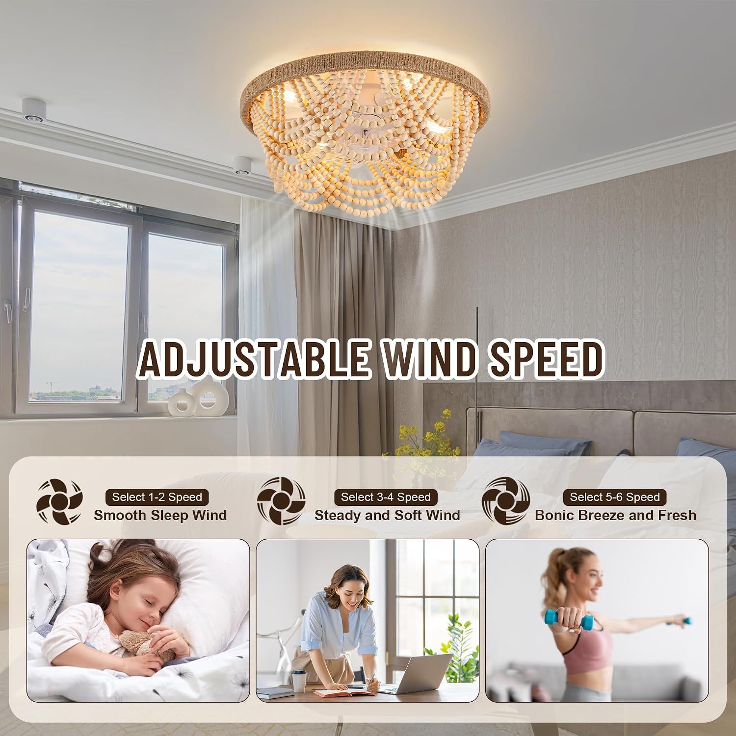 20'' Boho Ceiling Fan with Light and Remote, Wood Beads Flush Mount Ceiling Fans with 6 Speeds, Bohemian Caged Fandelier Chandelier Fan for Nursery Bedroom Living Room Hallway Patio Kitchen