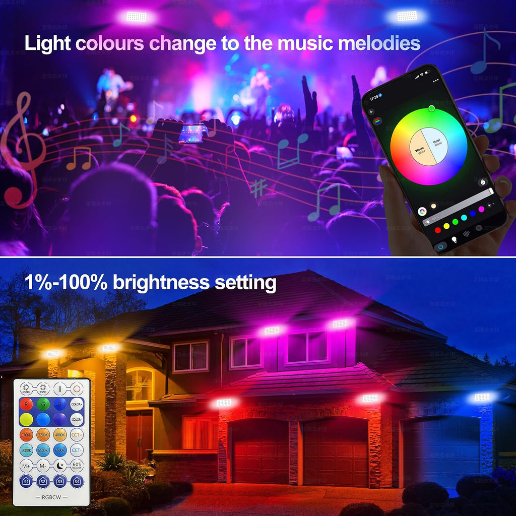 Party Lights Outdoor Smart Flood Light, 180W RGBCW Color Changing LED, 2700–6500K Tunable White, WiFi App & Voice Control, 50 Scenes, 1–100% Dimmable, IP65 Linkable Wall Washer Lights
