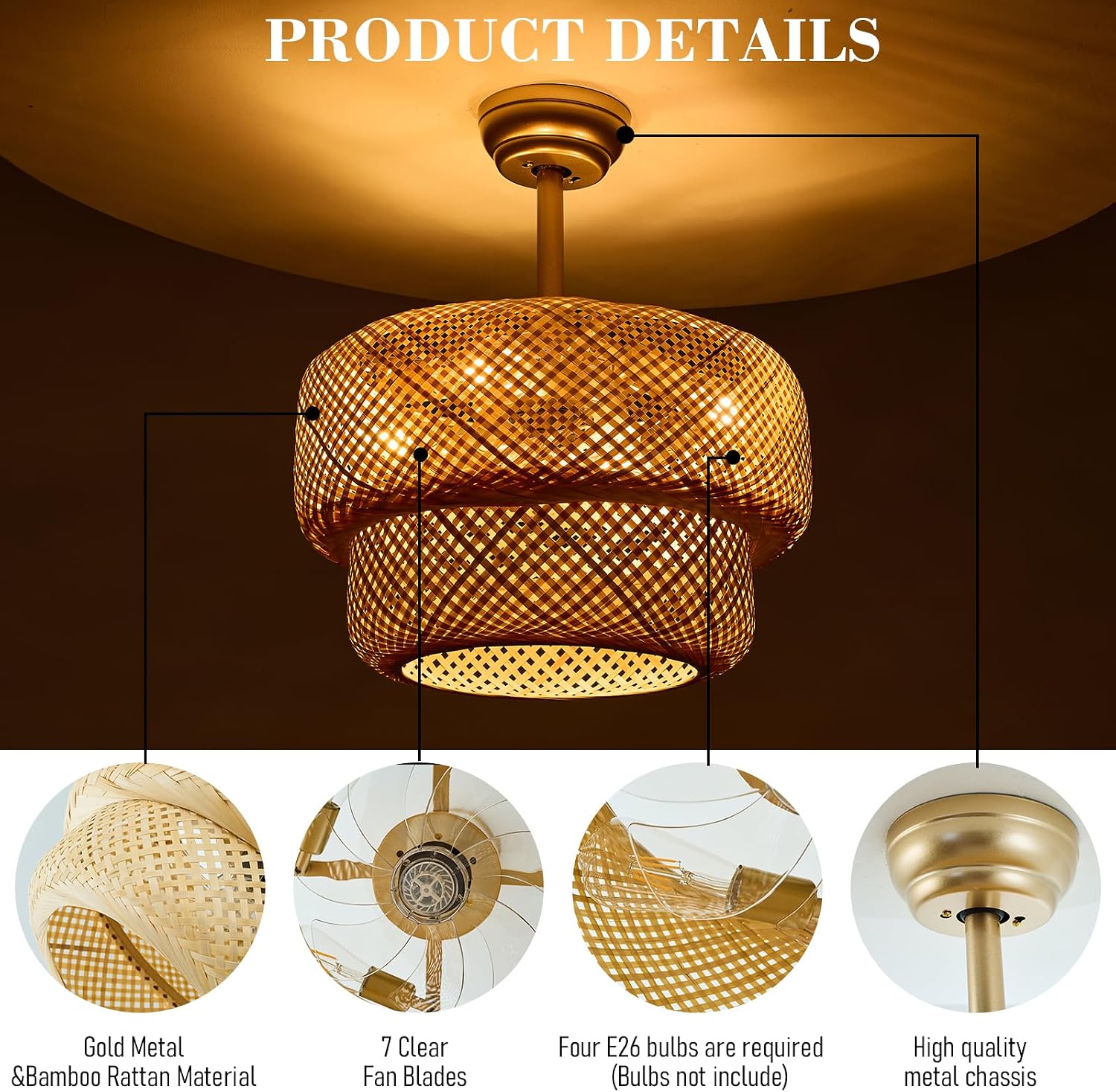 19.3' Bamboo Caged Ceiling Fan with Lights and Remote,4-Light Boho Rattan Ceiling Fan with Light Reversible Motor, Farmhouse Rattan Chandelier Fan for Bedroom, Living Room