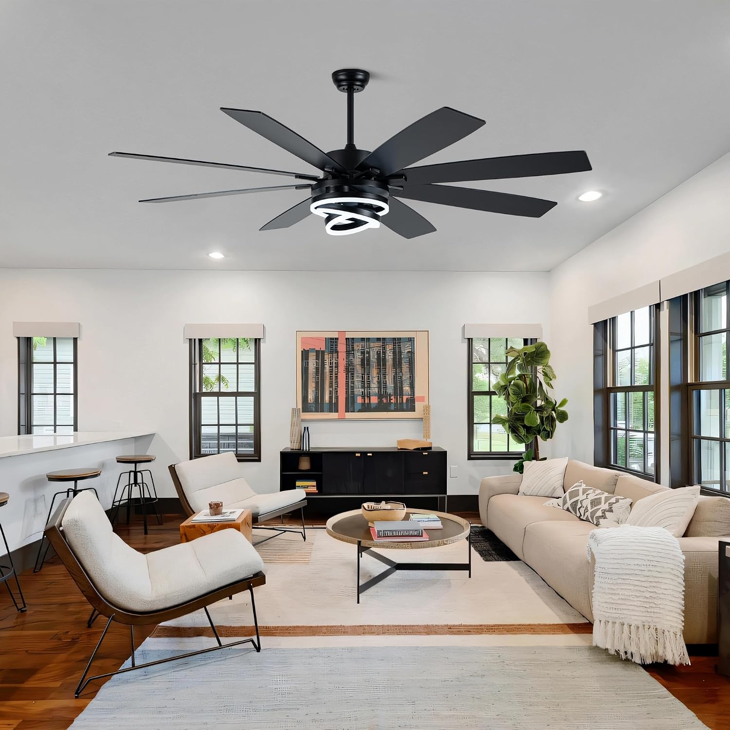 Farmhouse Ceiling Fans with Lights,Chandelier Fan with DIY Rings LED,Fandelier Ceiling Fans with Lights for Living Room/Bedroom (Black-MD-DC7205, 72 Inch)