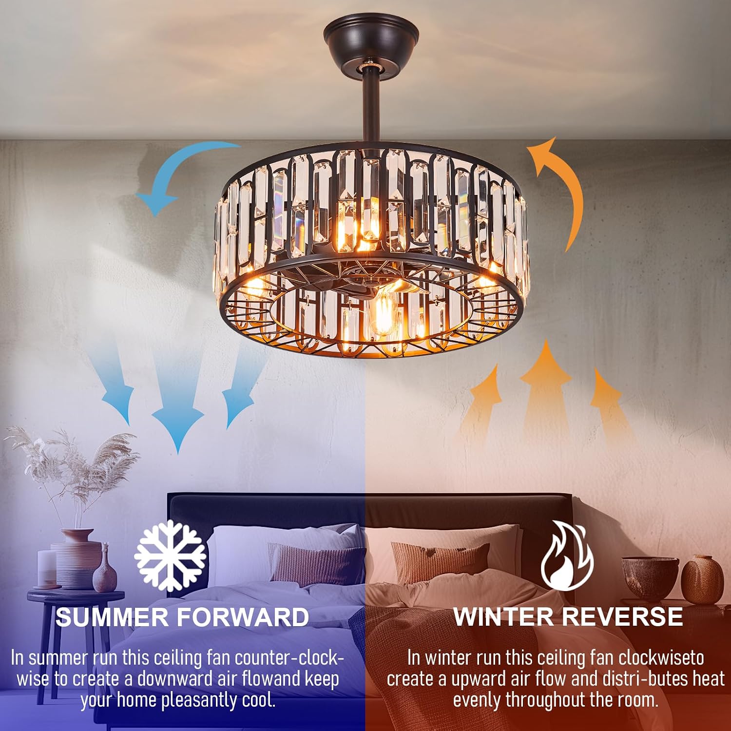 18.2' Modern Crystal Ceiling Fan with Light Black Crystal Fandelier Light Caged Ceiling Fan Light with Remote Reversible Industrial Chandelier Fan for Bedroom Living Room Dining Room Entry foryer