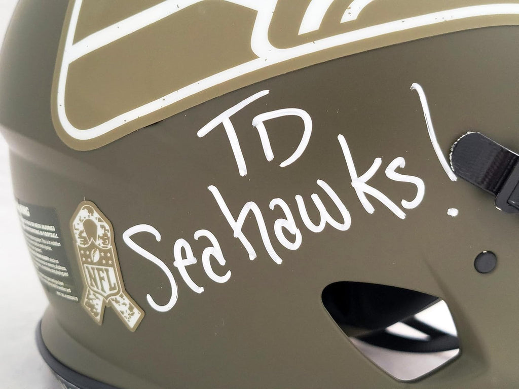 Steve Largent & Jim Zorn Autographed Seattle Seahawks Camo Salute To Service Full Size Authentic Speed Helmet 'TD Seahawks!' MCS Holo Stock #210442 - Autographed NFL Helmets