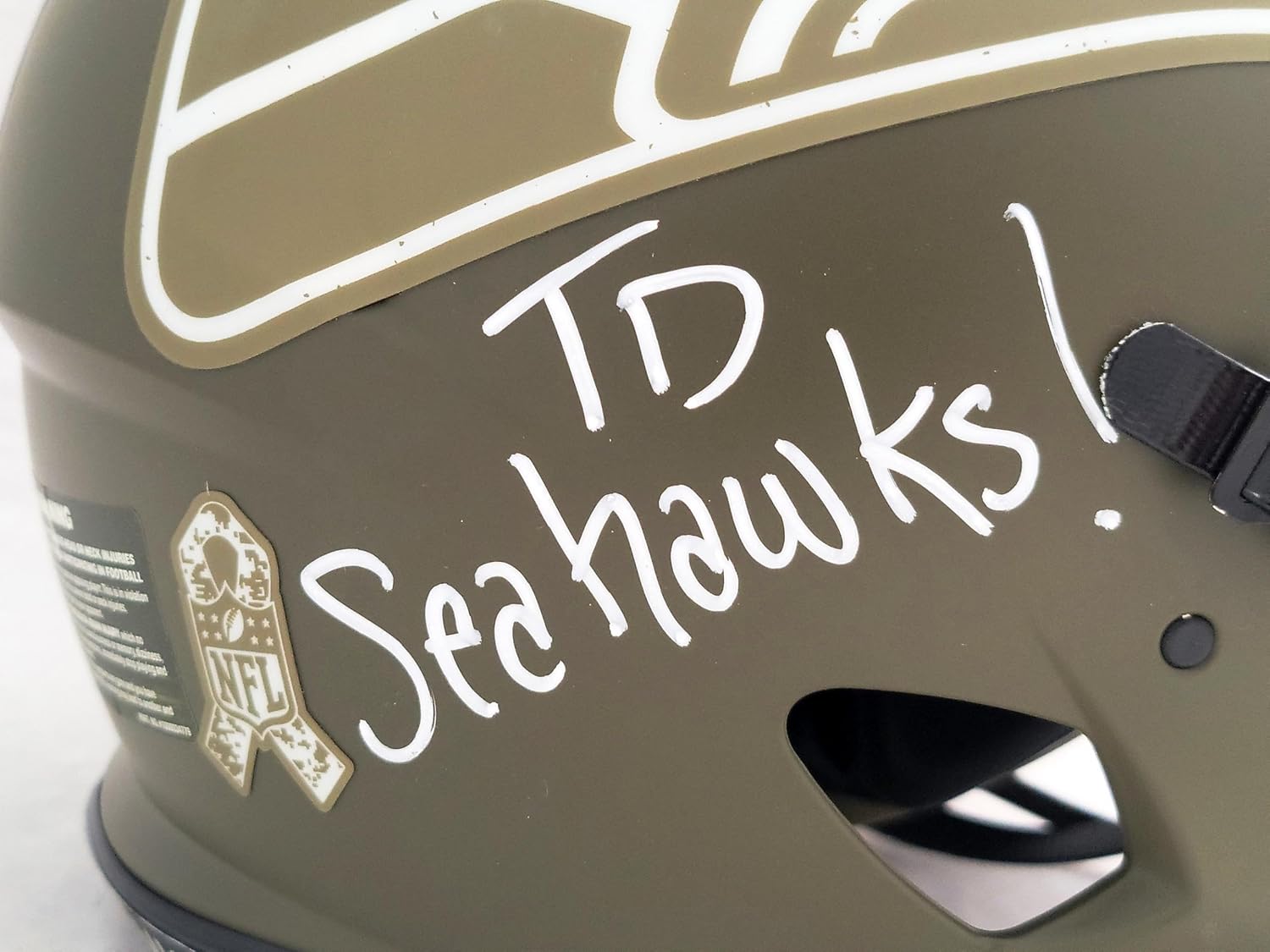 Steve Largent & Jim Zorn Autographed Seattle Seahawks Camo Salute To Service Full Size Authentic Speed Helmet 'TD Seahawks!' MCS Holo Stock #210442 - Autographed NFL Helmets