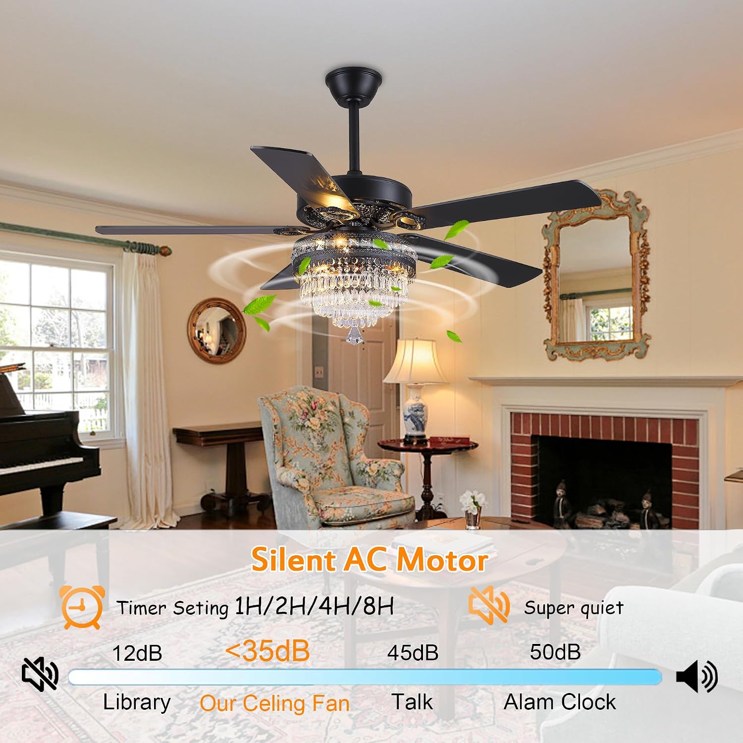 GJeg Crystal Ceiling Fan Fandelier with Lights- Retro Outdoor Fans with Remote Control, Farmhouse Ceiling Fan with Noiseless AC Reversible Motor,Dining Room,Living Room(52' Black)