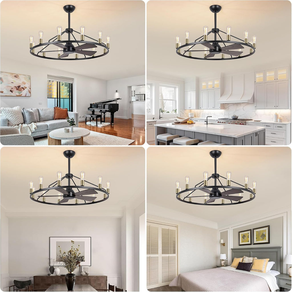 44'' Ceiling Fan with Light, Black Gold Wagon Wheel Chandelier, Large Farmhouse Fandelier Light Fixture, Chandelier for Living Room, Dining Room, Adjustable High Ceilings
