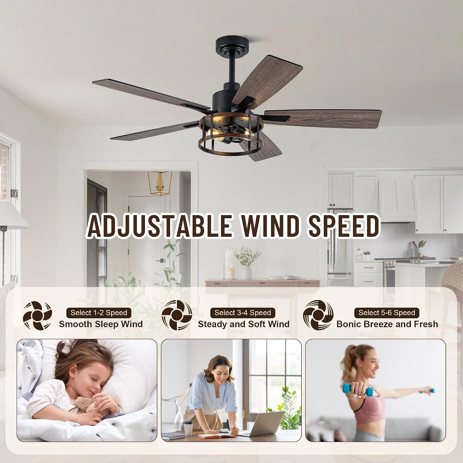 52IN Farmhouse Ceiling Fans with Lights and Remote,Chandelier Ceiling Fan with Reversible DC Motor,5 Double Finish Wood Blades,6 Speeds,Rustic Caged Ceiling Fan for Living Room,Dining Room,Bedroom