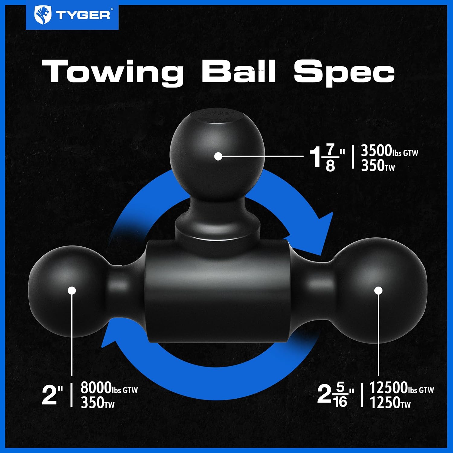 Tyger Auto Adjustable Drop Hitch Tri-Ball Mount with 1-7/8', 2' and 2-5/16' Towing Balls | Fits 2' Receivers | EZ-Align System | 12500 lbs GTW | Carbon Steel | Trailers Boats ATVs RVs | TG-DB6U12058