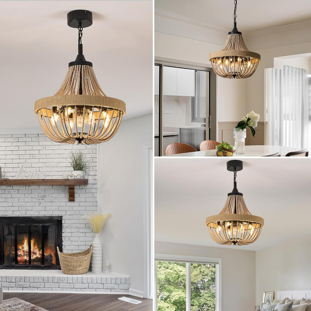 Bohemian Empire Style Chandelier Fan with 64 Wood Bead Strands, 7-Blade Invisible, Remote/APP Control, 20'' Ceiling Light Fixture for Living Room Bedroom Dining (Black, 20'' Boho Style)