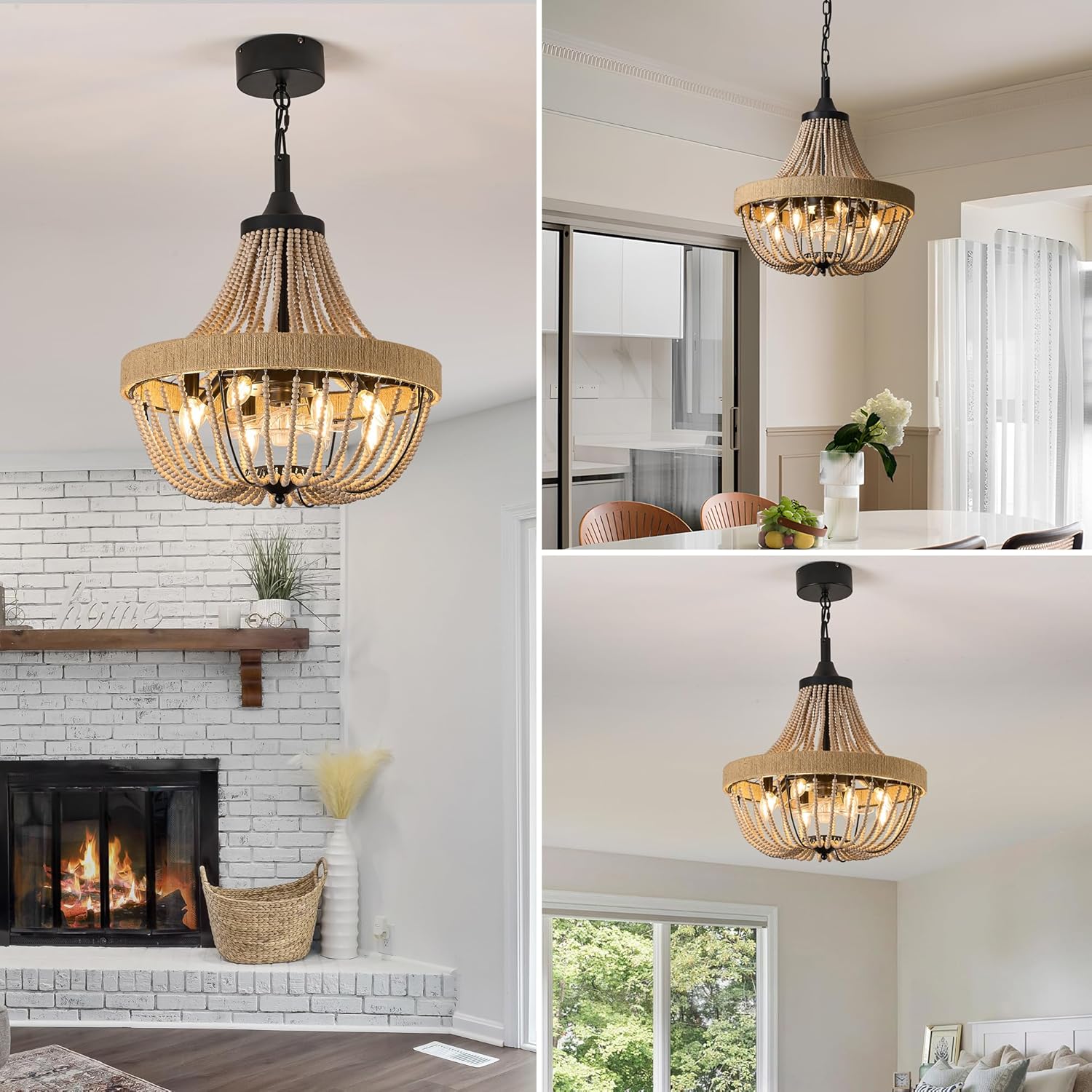 Bohemian Empire Style Chandelier Fan with 64 Wood Bead Strands, 7-Blade Invisible, Remote/APP Control, 20'' Ceiling Light Fixture for Living Room Bedroom Dining (Black, 20'' Boho Style)
