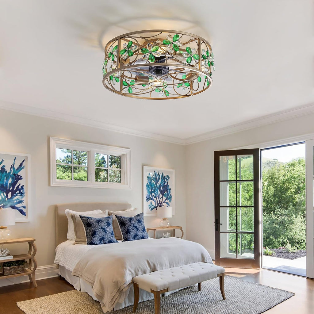 Ceiling Fans with Lights and Remote Flower Crystal Low Profile Ceiling Fan Bedroom Fan w. 6 Speeds Reversible Motor Bladeless Flush Mount Fan Light for Living Room ,Dinning Room,Entrance,Gold