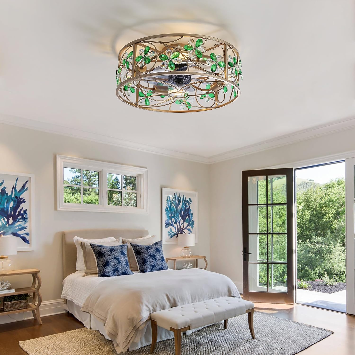 Ceiling Fans with Lights and Remote Flower Crystal Low Profile Ceiling Fan Bedroom Fan w. 6 Speeds Reversible Motor Bladeless Flush Mount Fan Light for Living Room ,Dinning Room,Entrance,Gold