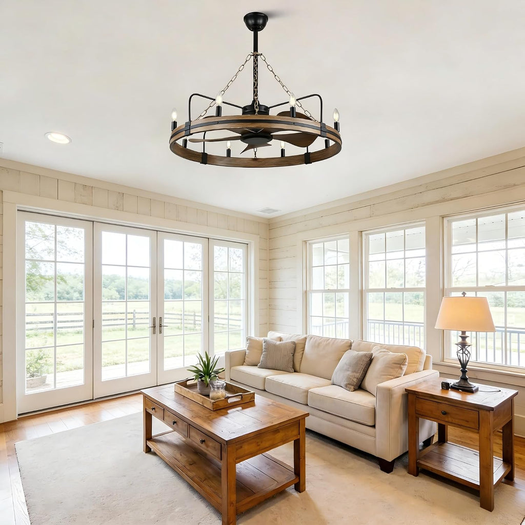 36 Inch Wagon Wheel Chandelier Ceiling Fan with Lights and Remote, Rustic Ceiling Fan Light Farmhouse Fandelier for Bedroom Living Room Dining Room, 8 E12 Bulbs, Reversible DC Motor 6 Speeds
