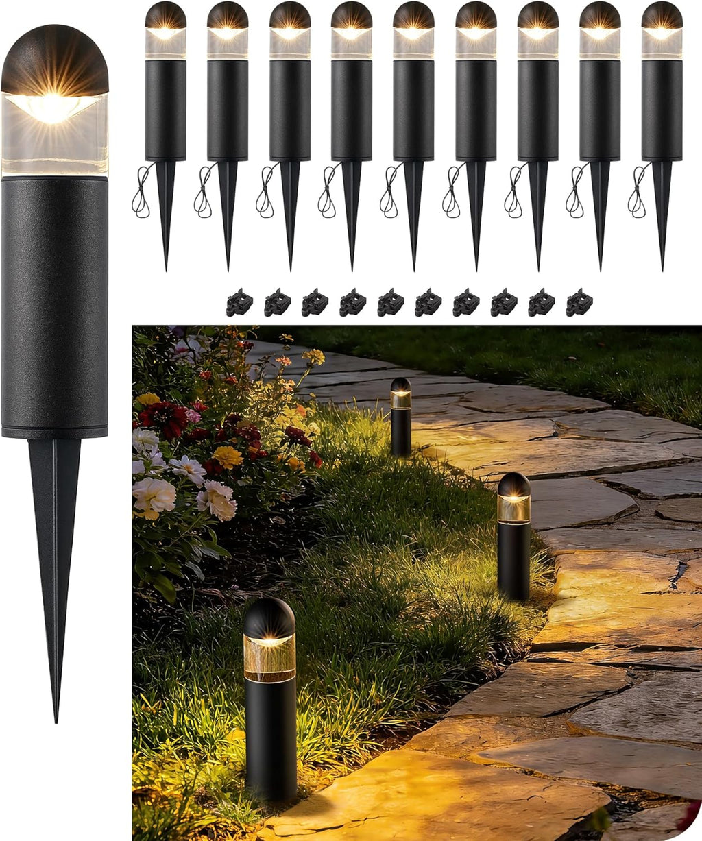 EDISHINE Low Voltage Landscape Lighting, 12V 3W 3000K Landscape Pathway Lights, Glass Aluminum Outdoor Pathway Lights Wired, Waterproof for Garden Yard Driveway, 50,000Hrs, CRI 80, Black, 10 Pack
