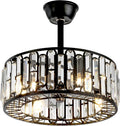 Fandian 18' Industrial Caged Ceiling Fan with Light,Bladeless Fan with 3 Speeds, Farmhouse Crystal Fandelier with Remote Control, Vintage Black Crystal Chandelier Fan for Dining Bedroom