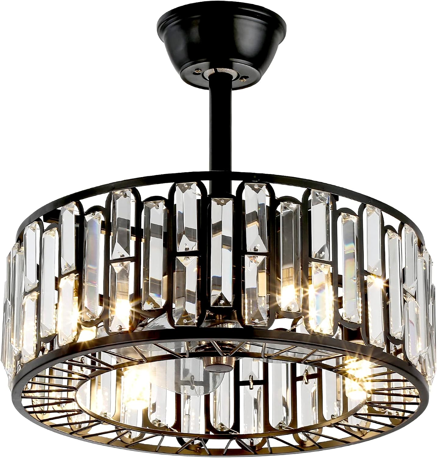 Fandian 18' Industrial Caged Ceiling Fan with Light,Bladeless Fan with 3 Speeds, Farmhouse Crystal Fandelier with Remote Control, Vintage Black Crystal Chandelier Fan for Dining Bedroom