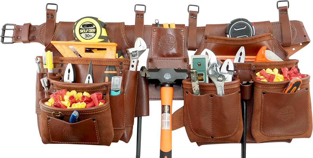 GRAINTEX AD2747 :: 4 Piece 18 Pocket Framer's Tool Belt Combo Ambassador Series Chestnut Brown Color Grain Leather