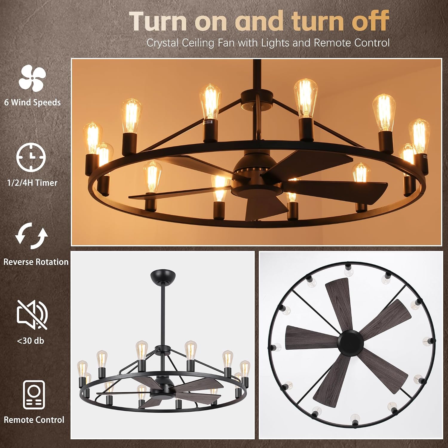 44' Wagon Wheel Chandelier with Fans, Black Farmhouse Ceiling Fan with Light and Remote, Rustic Large Fandelier for Living Room, Adjustable Height, Farmhouse Chandelier Light Fixtures