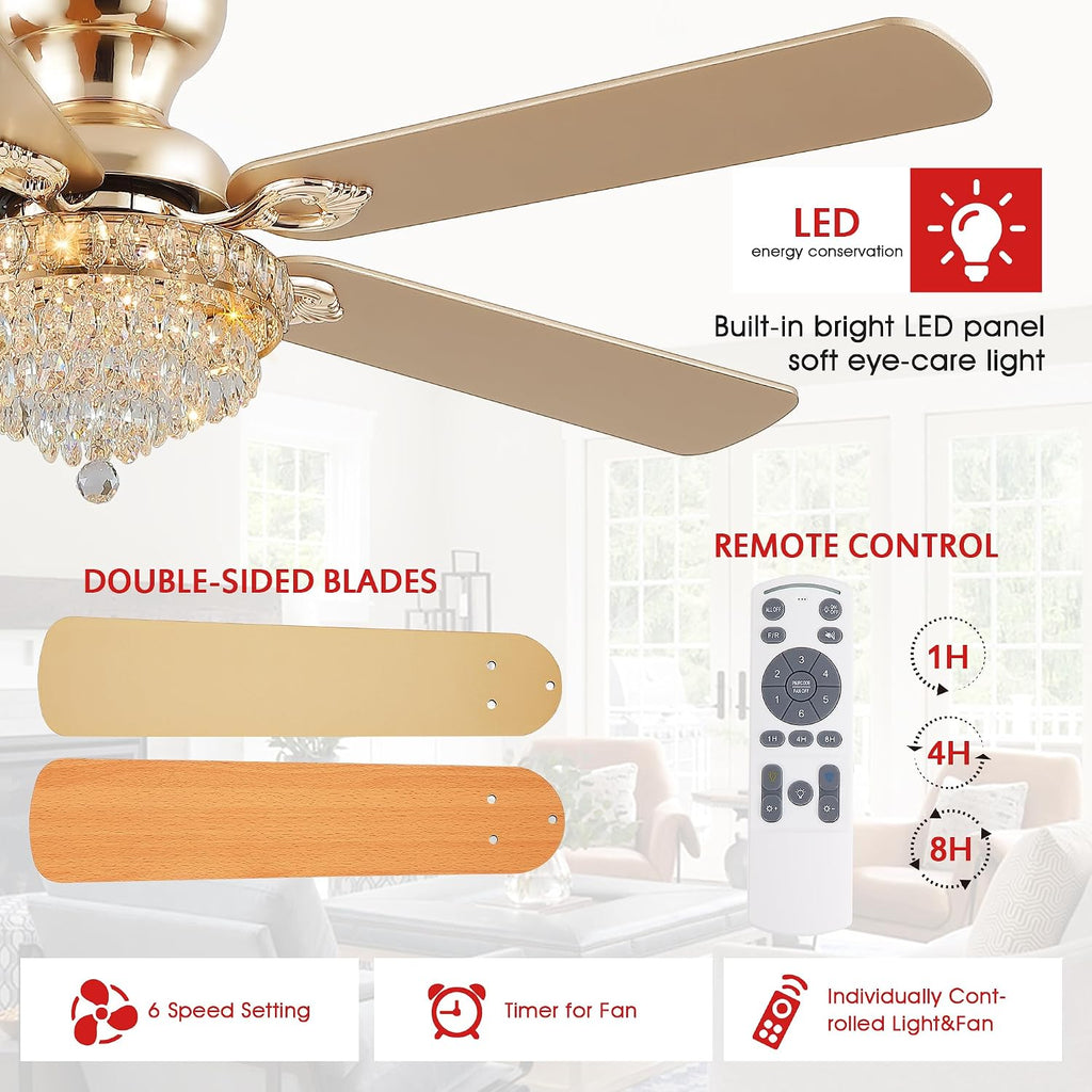 GJeg Crystal Ceiling Fan Fandelier with Lights-Ceiling Fans with Remote Control,Modern Ceiling Fan with Noiseless DC Reversible Motor,Dining Room,Living Room(52' Gold)
