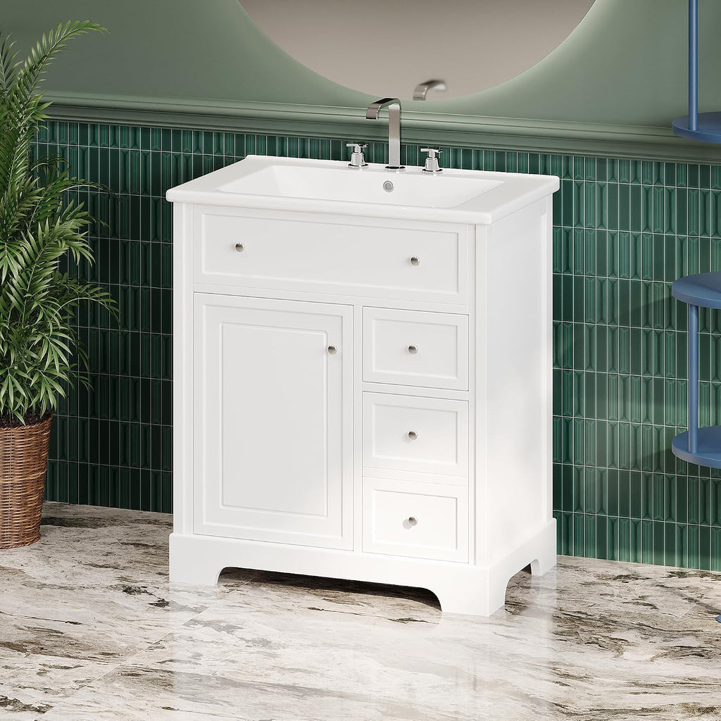 30' Bathroom Vanity Cabinet with Ceramic Sink Top Set, Two Drawers with Slides, Soft Closing Doors, Freestanding, Solid Wood Frame & MDF Board, White