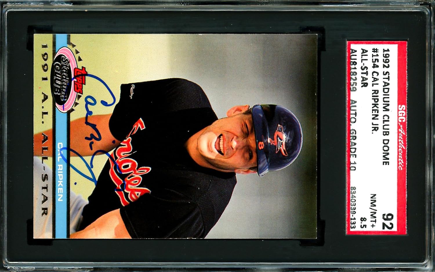 Cal Ripken Jr. Autographed 1992 Stadium Club Dome Card #154 Baltimore Orioles SGC 8.5 Auto Grade Gem Mint 10 SGC #8340339-133 - Baseball Slabbed Autographed Cards