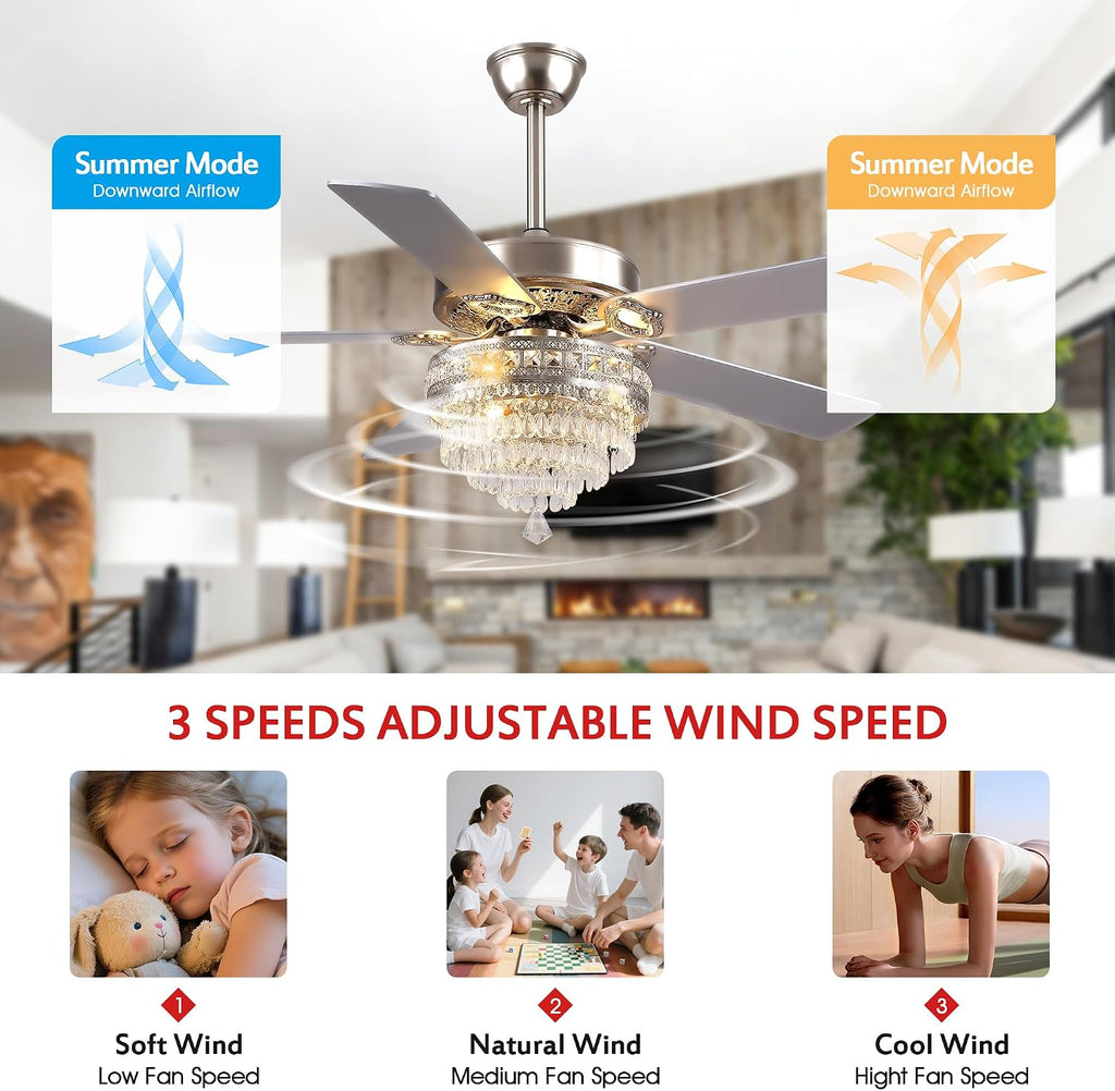 GJeg Crystal Ceiling Fan Fandelier with Lights - Retro Outdoor Fans with Remote Control, Farmhouse Ceiling Fan with Noiseless AC Reversible Motor,Dining Room,Living Room(52' Silver)