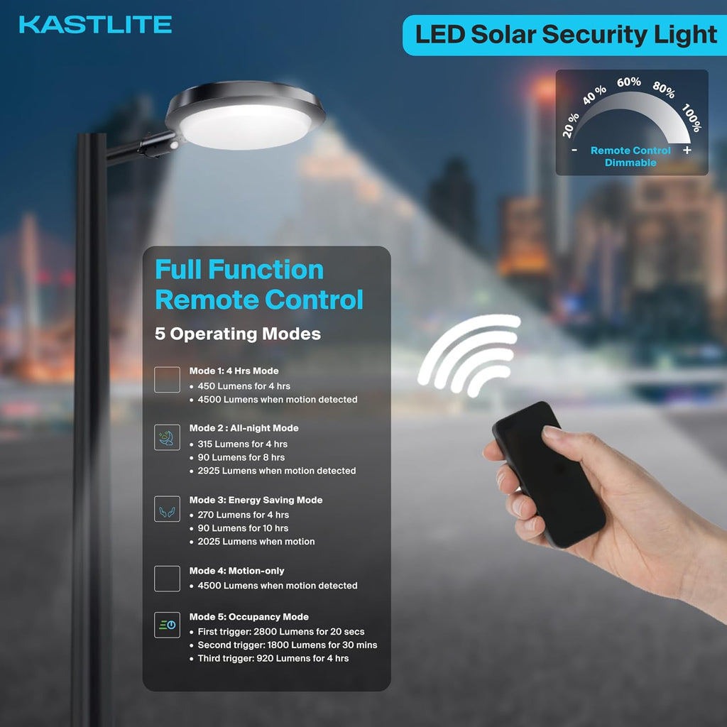 KASTLITE Solar Powered Dusk to Dawn LED Parking Lot Light with Motion Sensor | 150-Watt Equivalent Outdoor Security Lighting, Waterproof Flood Light for Yard, Garden & Driveway | 45W 5000K 4500LM