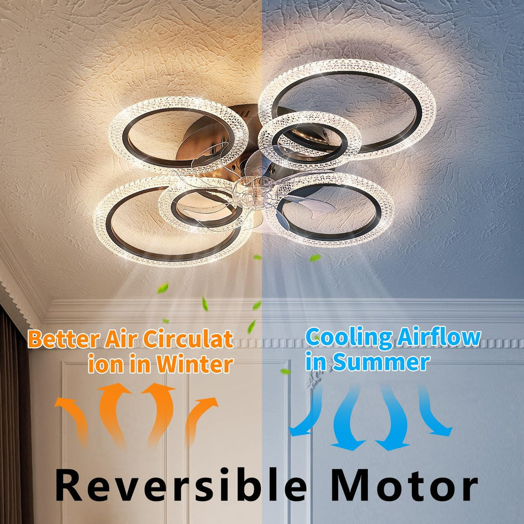 Yfrest Ceiling Fan with Light and Remote, Black Low Profile Ceiling Fans with Lights, Flush Mount Ceiling Fan with 3 Light Color 6 Speeds, Fandelier Ceiling Fan for Kitchen Living Room 6-Ring