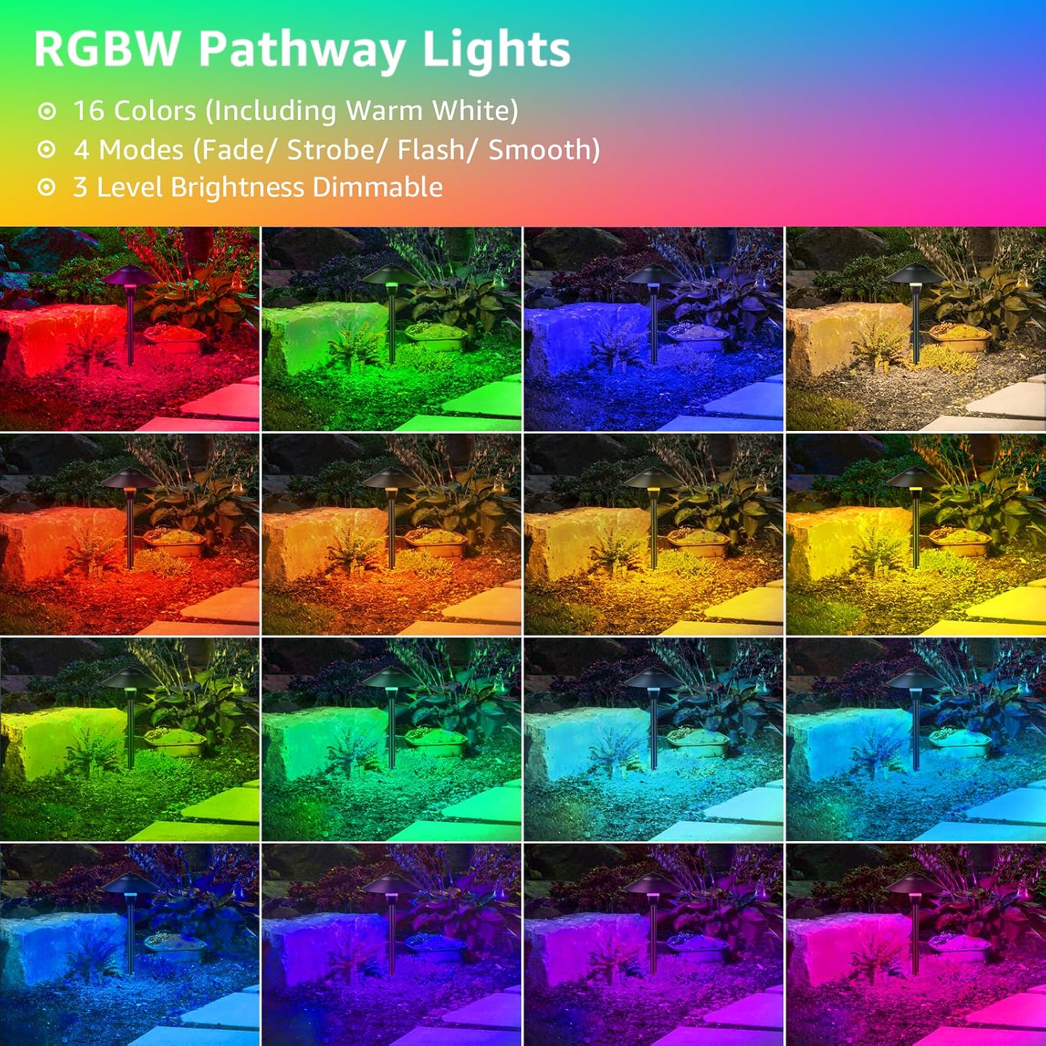 SUNVIE RGBW Low Voltage Landscape Lights 3W Color Changing Pathway Lights 12-24V Multi-Color Path Lights Waterproof for Yard Garden Walkway Holiday Landscape Lighting ETL Listed Cord, 12 Pack