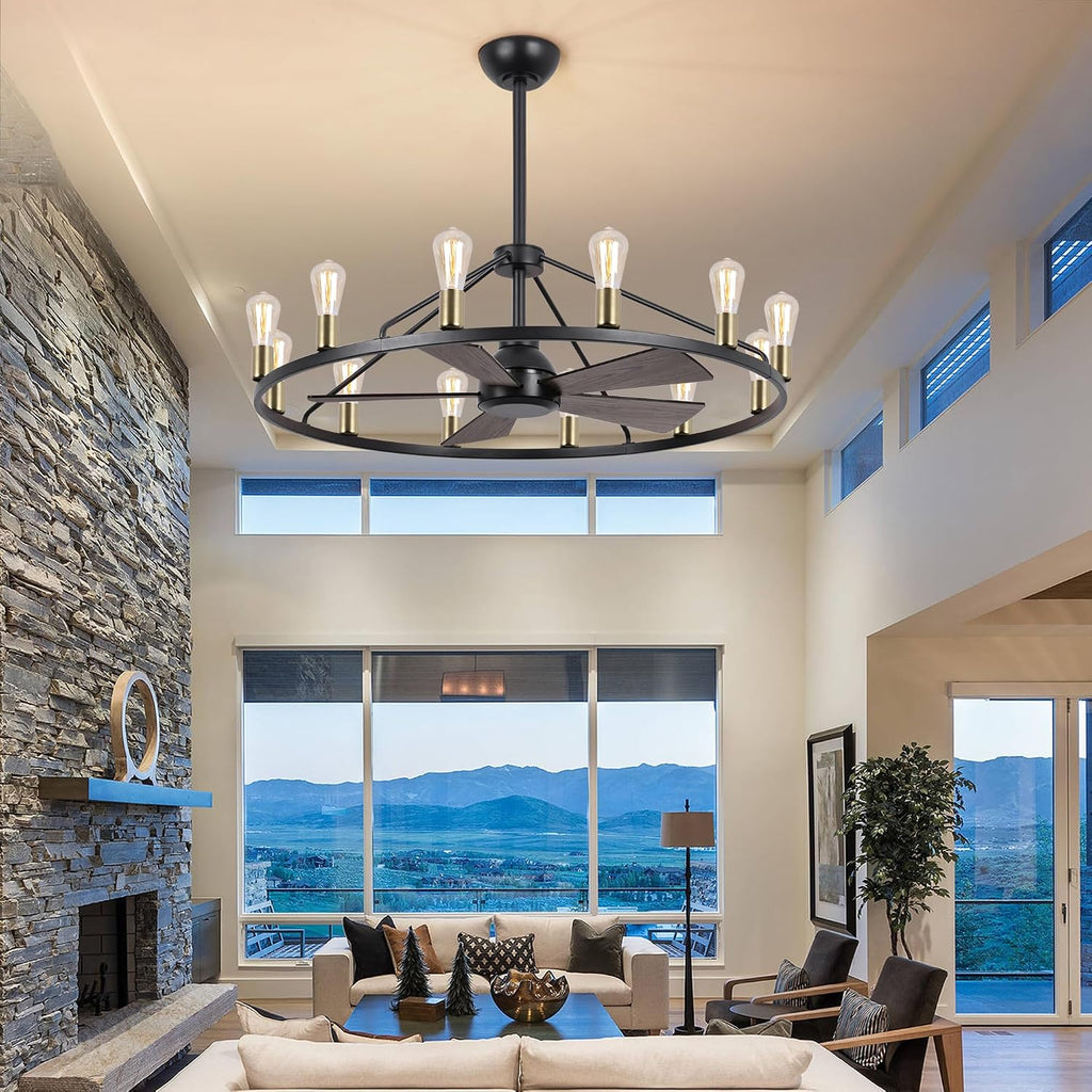 44'' Ceiling Fan with Light, Black Gold Wagon Wheel Chandelier, Large Farmhouse Fandelier Light Fixture, Chandelier for Living Room, Dining Room, Adjustable High Ceilings