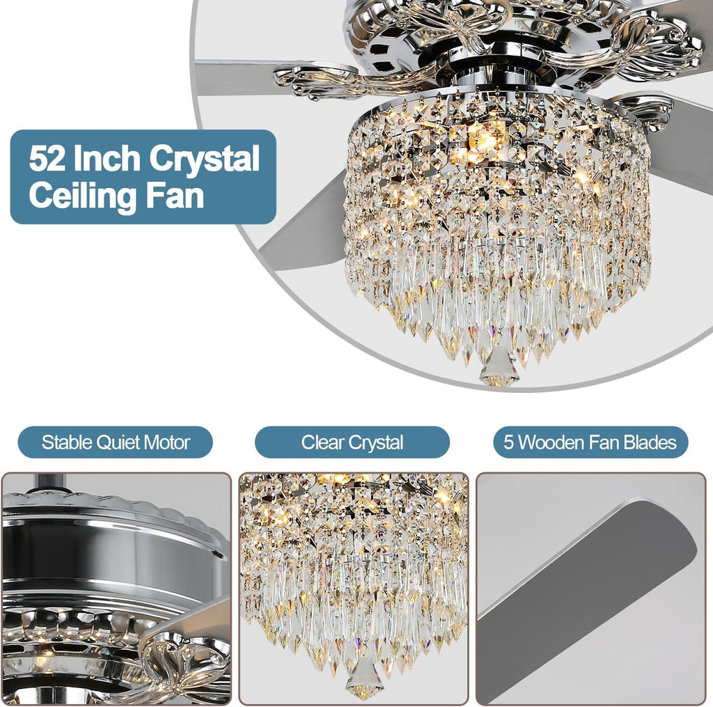 52 Inch Crystal Ceiling Fan with Light and Remote Control, Chrome Modern Chandelier Ceiling Fan Fandelier for Living Room Bedroom