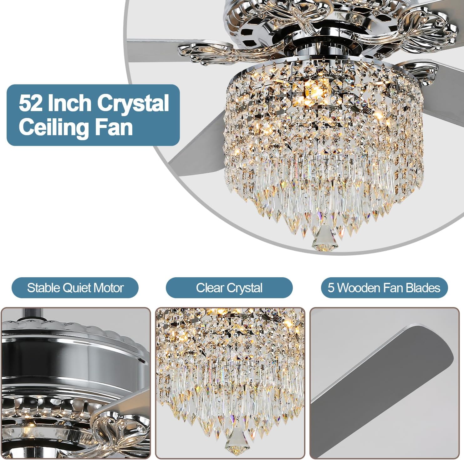 52 Inch Crystal Ceiling Fan with Light and Remote Control, Chrome Modern Chandelier Ceiling Fan Fandelier for Living Room Bedroom