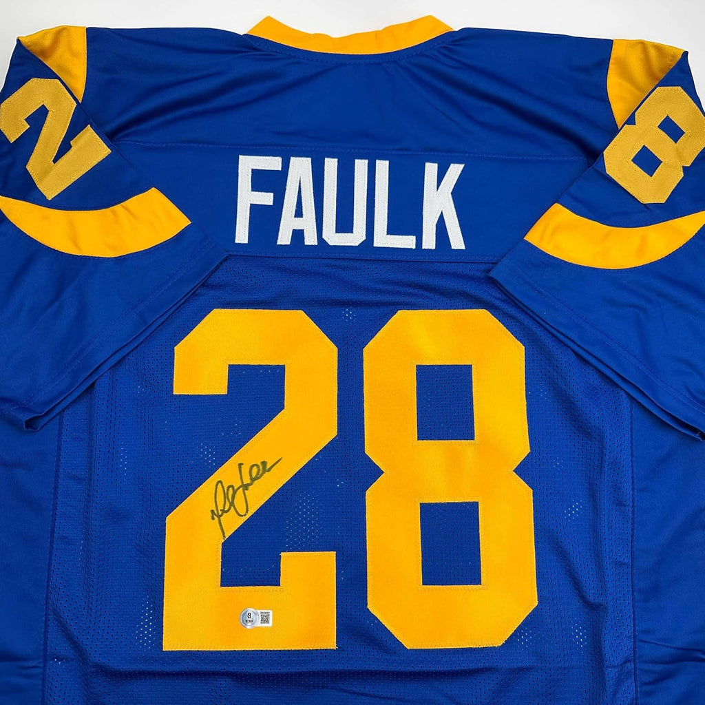 Autographed/Signed Marshall Faulk St. Louis Blue Football Jersey JSA COA