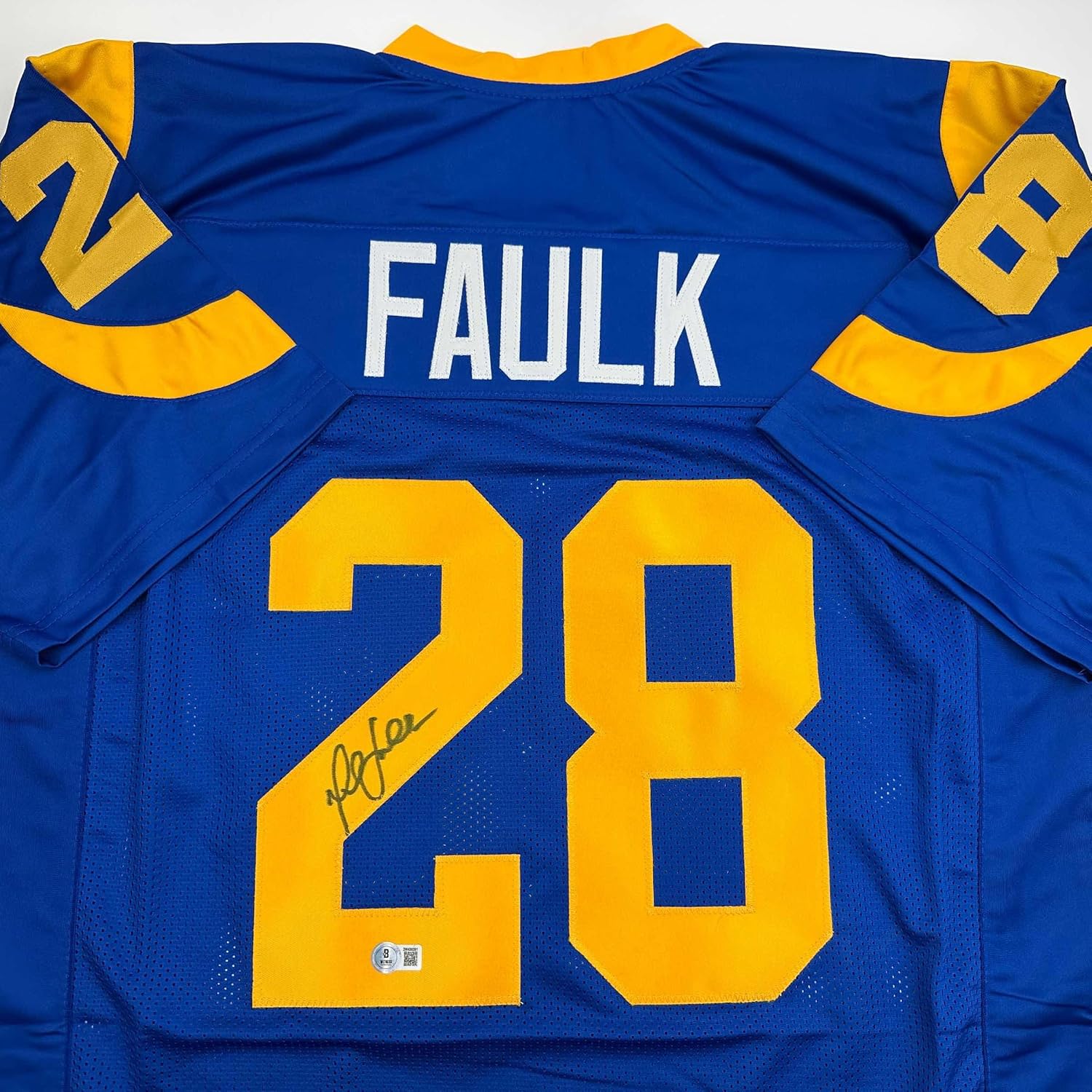 Autographed/Signed Marshall Faulk St. Louis Blue Football Jersey JSA COA