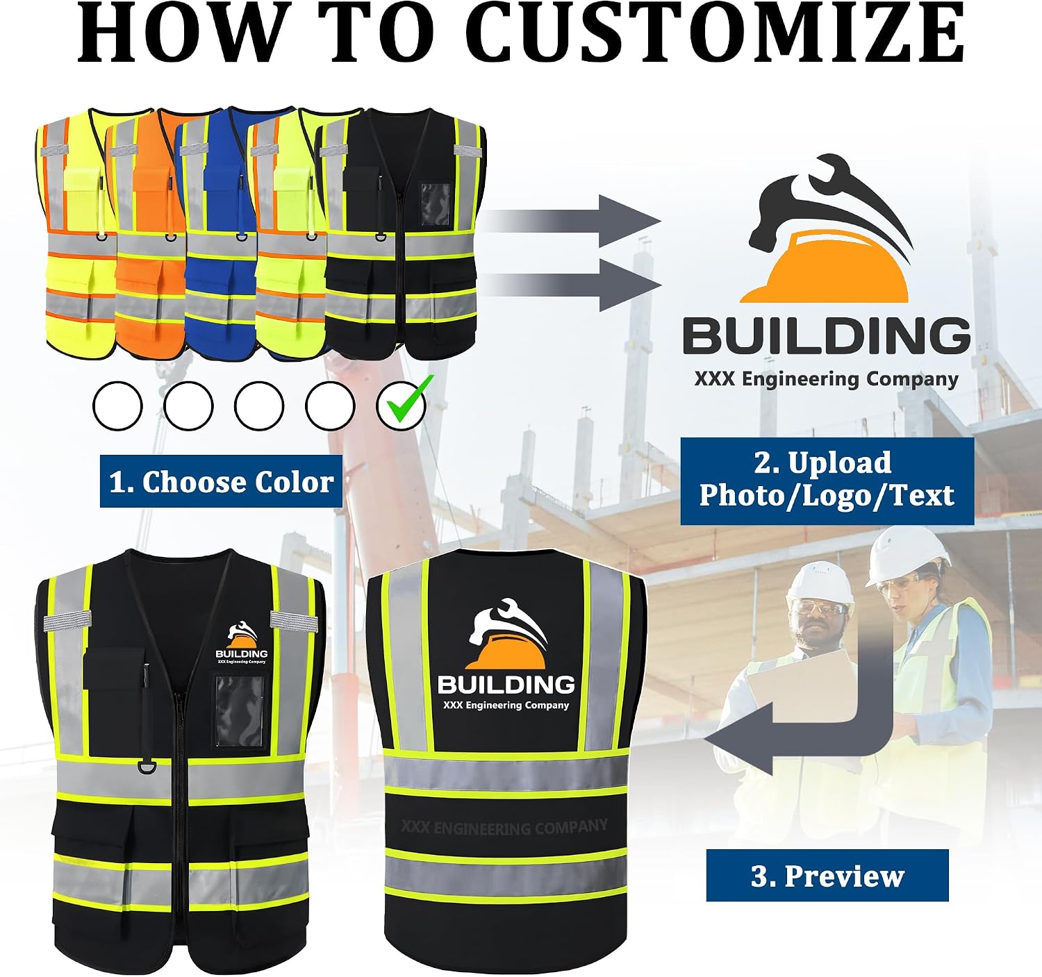Custom Safety Vest with Logo, High Visibility Reflective Personalized Vest with Pockets and Zipper for Men Women Work