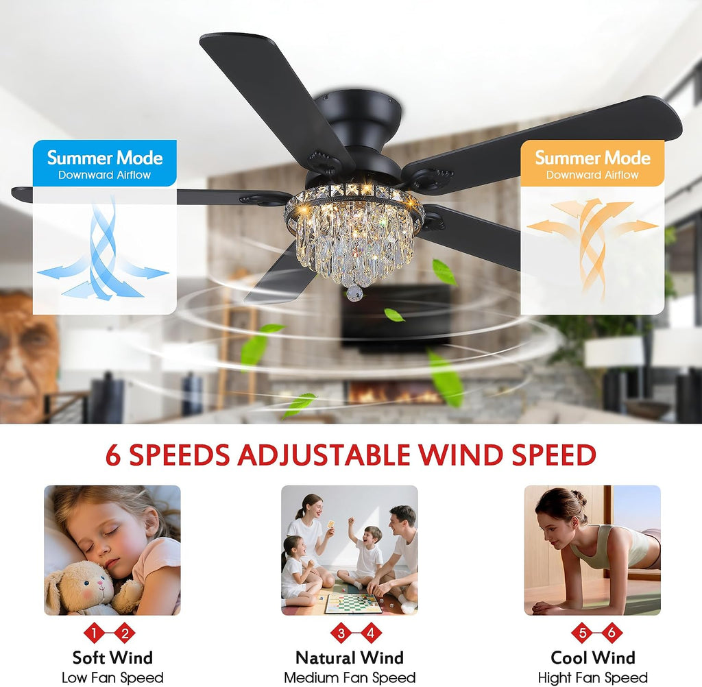 GJeg Crystal Ceiling Fan Fandelier with Lights-Ceiling Fans with Remote Control,Modern Ceiling Fan with Noiseless DC Reversible Motor,Dining Room,Living Room(52' Black)