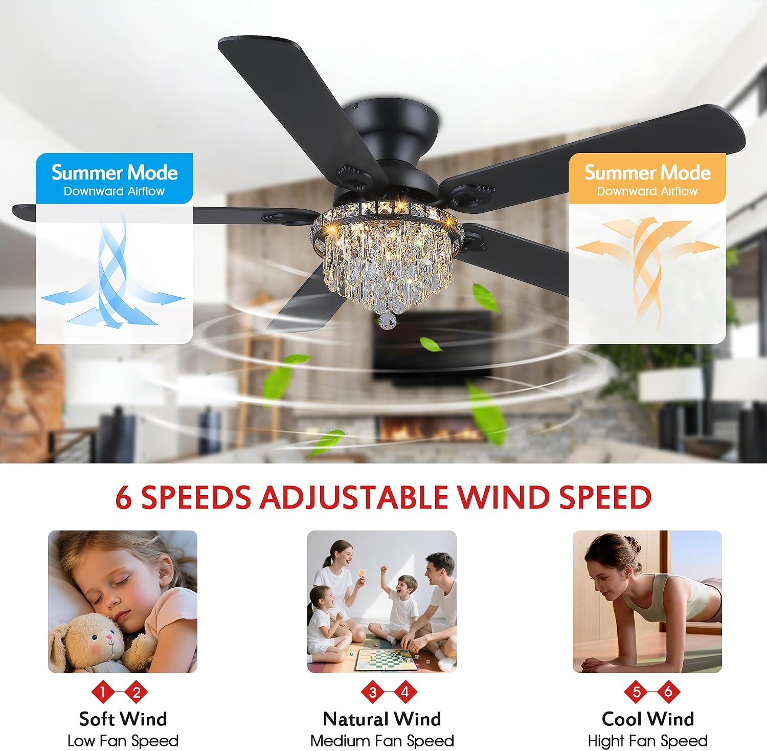 GJeg Crystal Ceiling Fan Fandelier with Lights-Ceiling Fans with Remote Control,Modern Ceiling Fan with Noiseless DC Reversible Motor,Dining Room,Living Room(52' Black)