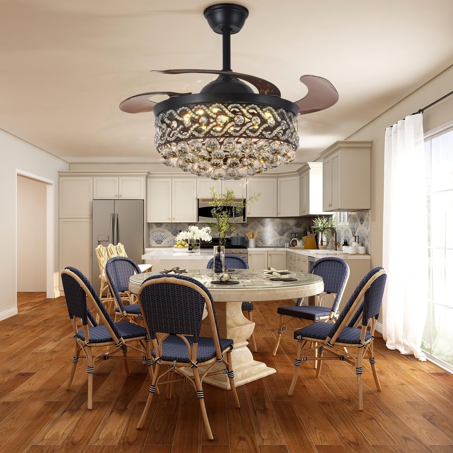 42' Black Love Luxury Crystal Ceiling Fan with Light 3 Color 3 Speed Modern Chandelier Fan with Remote Control Retractable Blades Fandelier for Living Room Bedroom