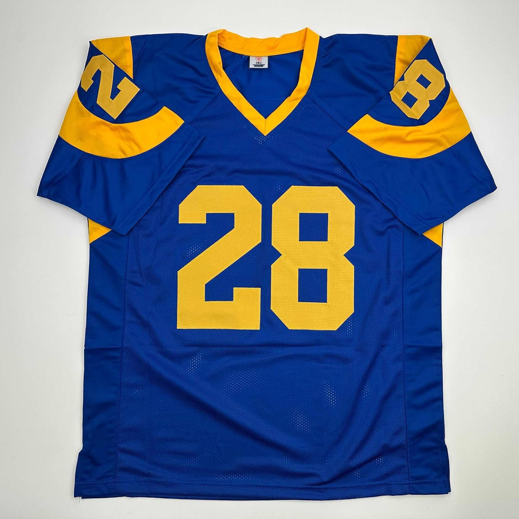 Autographed/Signed Marshall Faulk St. Louis Blue Football Jersey JSA COA